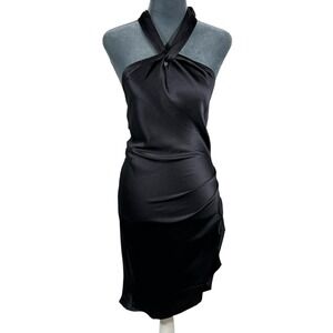 RESA Halter Midi Dress S Charcoal Gray Ruched Satin Twist Neck Open Back USA NEW